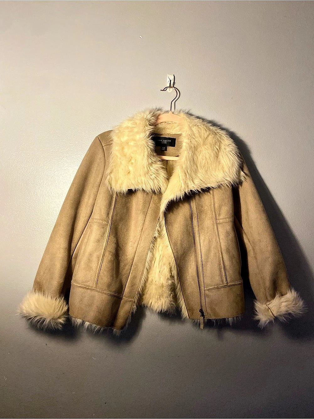 Ann Taylor Faux Suede Shearling Trim Jacket Brown & Cream XSmall